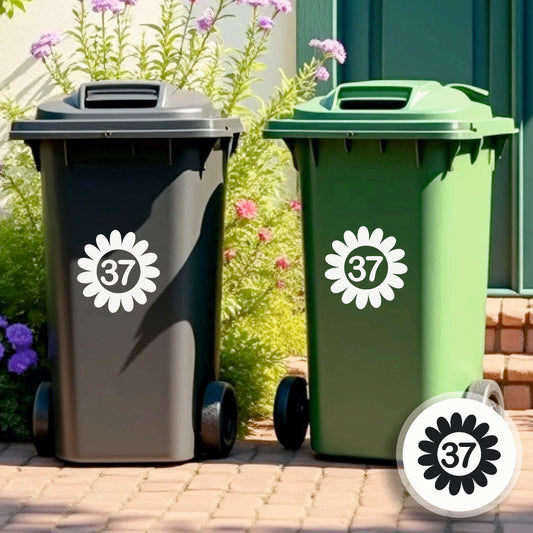 Personalised Daisy Wheelie Bin Sticker – Custom House Number Decal in White, Black, Silver, or Gold – Weatherproof & Long-Lasting Vinyl